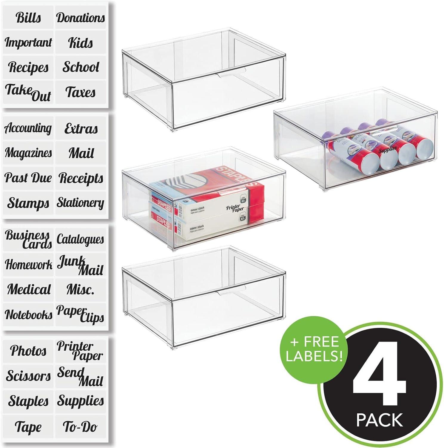imagemDesign Plastic Stackable Office Storage Organizer Bin Containers with Front Pull Drawer and Labels for Cabinet Desk Shelves or Closet Organization Lumiere Collection 4 Bins 32 Labels Clear