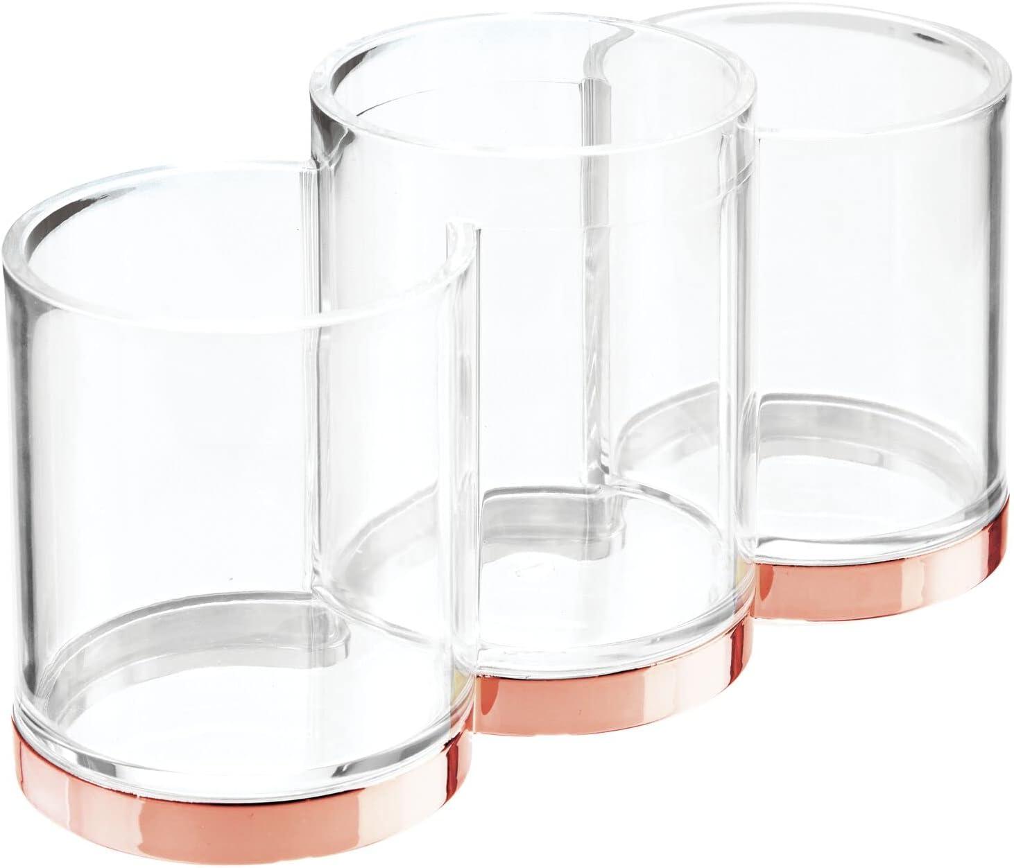 imagemDesign Practical Makeup Storage Decorative Makeup Box for Brushes and Mascara Make Up Display with 3 Compartments Transparent and Red GoldTransparentRed Gold Color