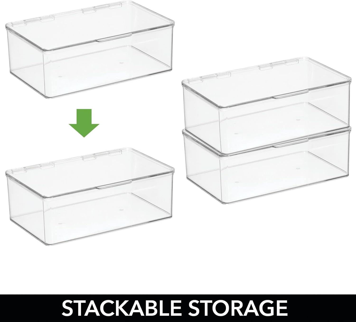 imagemDesign Plastic Stackable Home Office Supplies Storage Organizer Box with Hinged Lid for Note Pads Gel Pens Staples Dry Erase Markers Tape 10 Inches Wide Pack of 4 32 Labels Clear