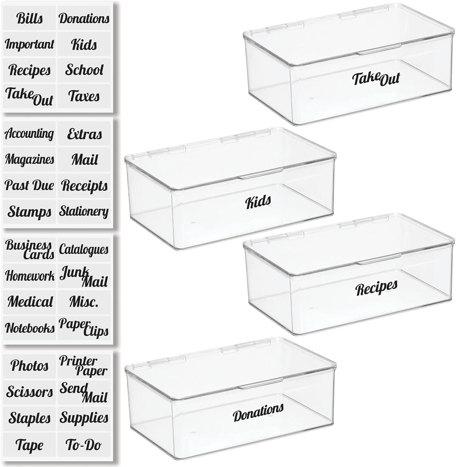 imagemDesign Plastic Stackable Home Office Supplies Storage Organizer Box with Hinged Lid for Note Pads Gel Pens Staples Dry Erase Markers Tape 10 Inches Wide Pack of 4 32 Labels Clear