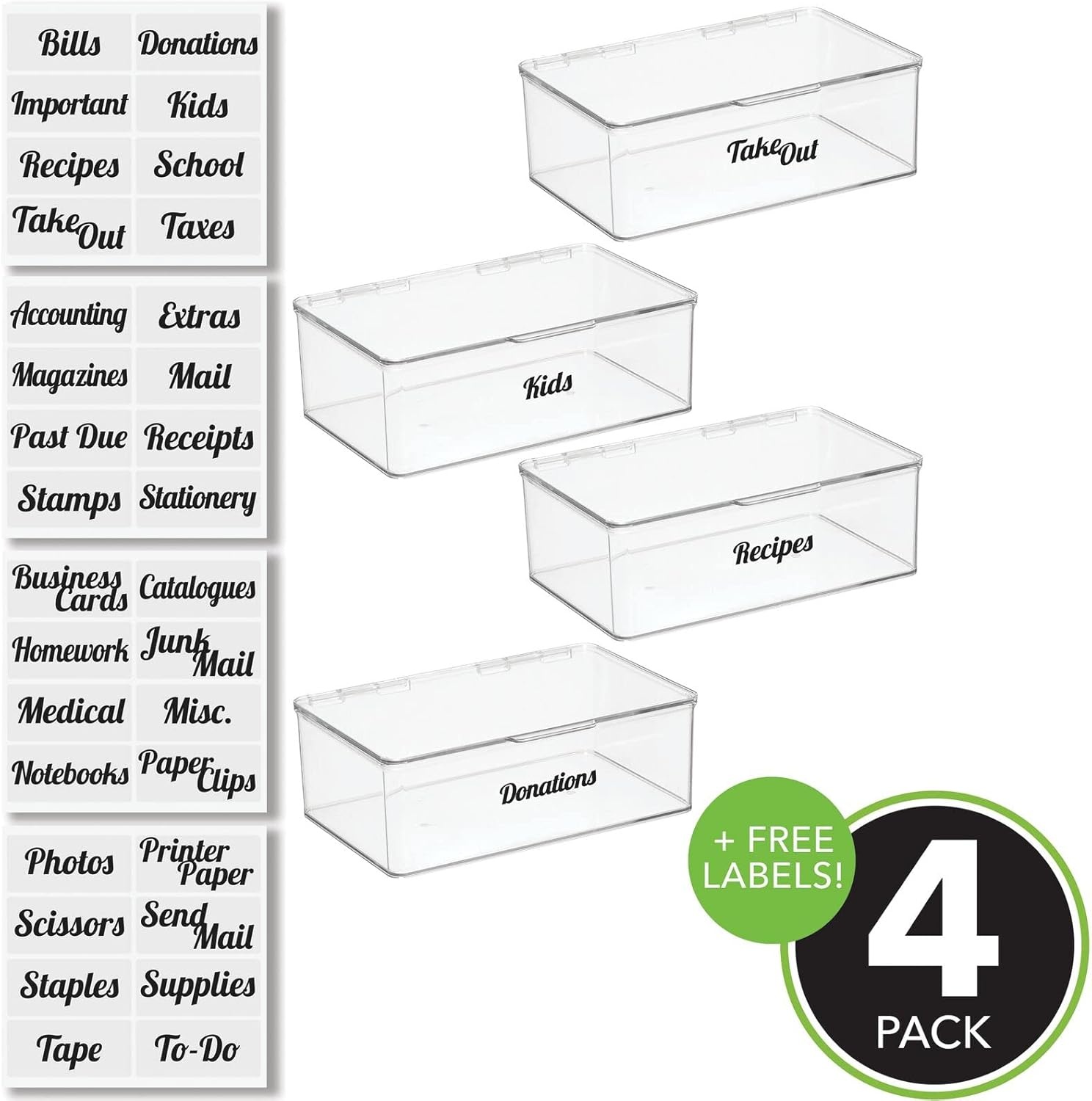 imagemDesign Plastic Stackable Home Office Supplies Storage Organizer Box with Hinged Lid for Note Pads Gel Pens Staples Dry Erase Markers Tape 10 Inches Wide Pack of 4 32 Labels Clear