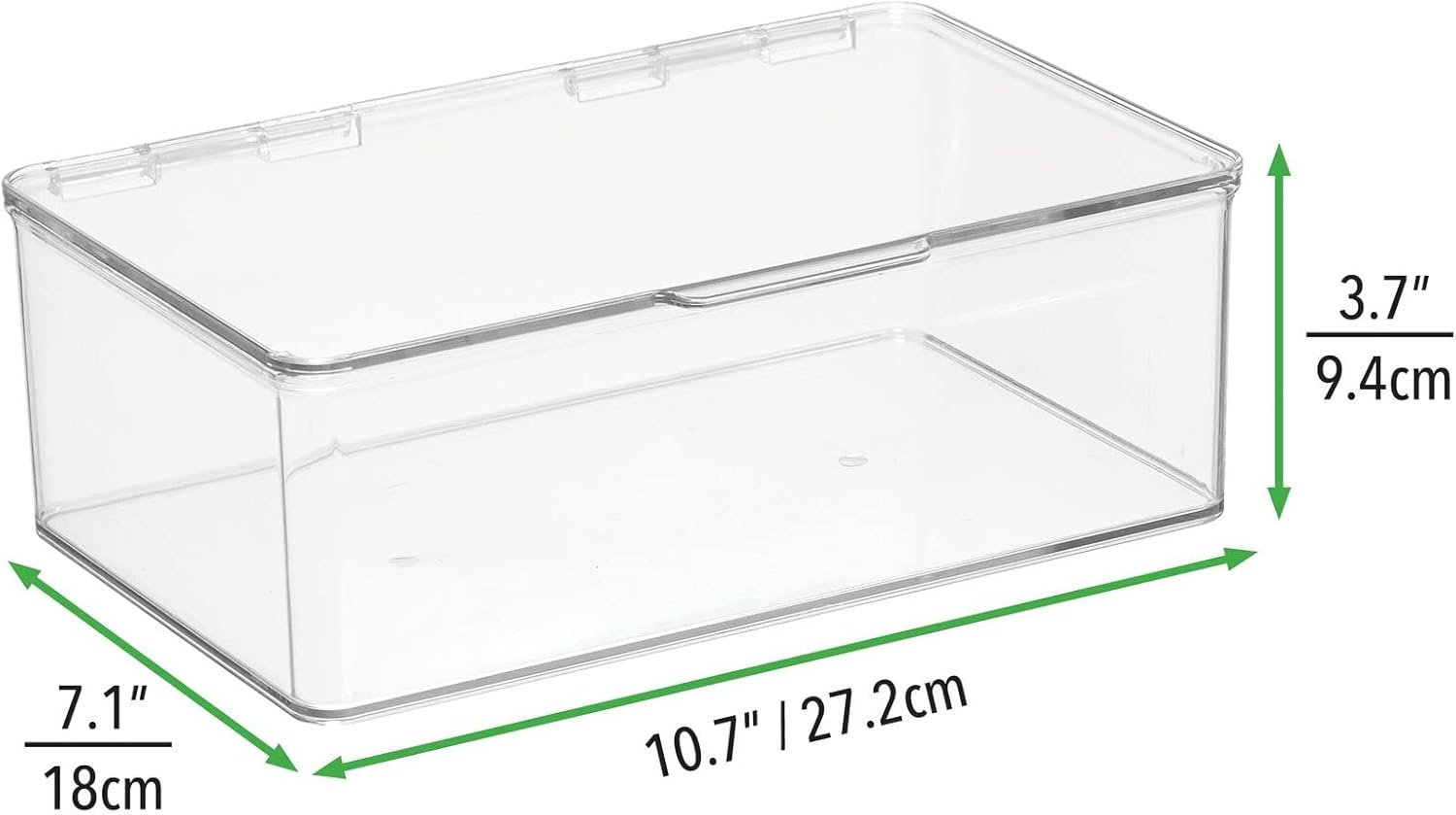 imagemDesign Plastic Stackable Home Office Supplies Storage Organizer Box with Hinged Lid for Note Pads Gel Pens Staples Dry Erase Markers Tape 10 Inches Wide Pack of 4 32 Labels Clear
