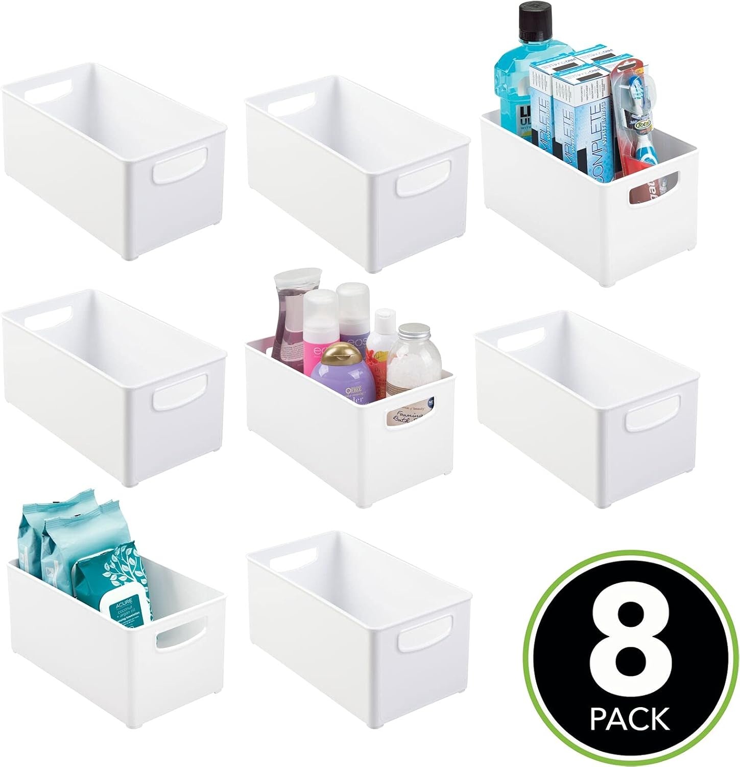 imagemDesign Plastic Storage Organizer Wide Container Bin with Handles for Bathroom Home Organization Holds Vitamins Supplements Makeup Styling Tools Ligne Collection 8 Pack White
