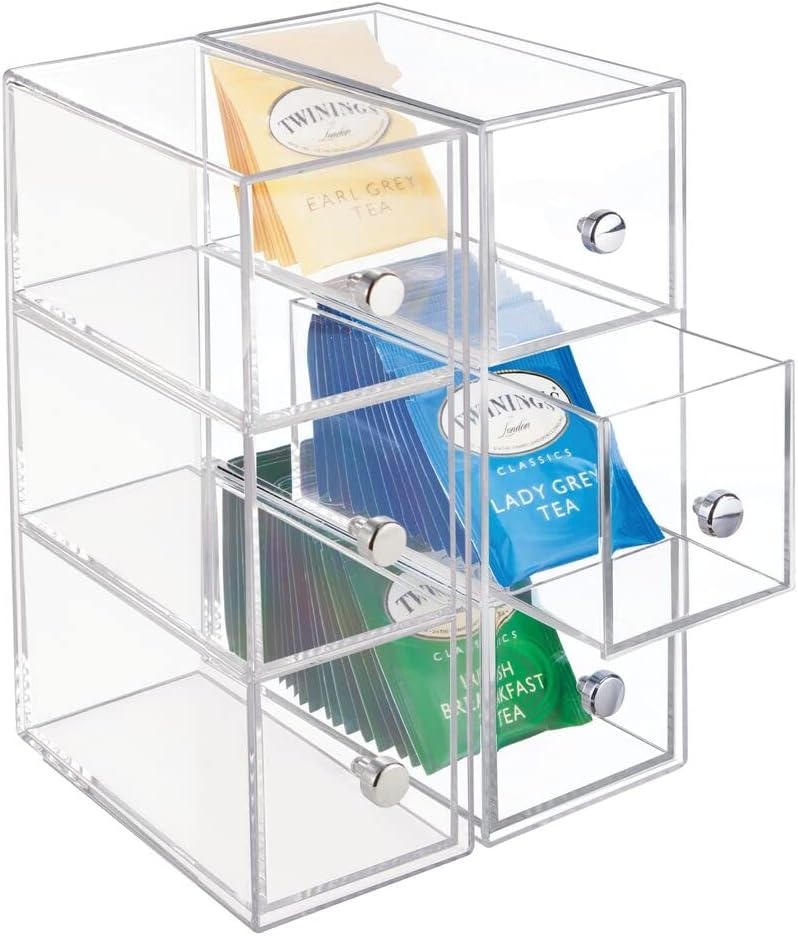 image:imagemDesign Plastic Kitchen Pantry Stackable Storage Organizer Container Station with 3 Drawers for Cabinet Countertop Holds Coffee Tea Sugar Packets Creamers Lumiere Collection ClearClear