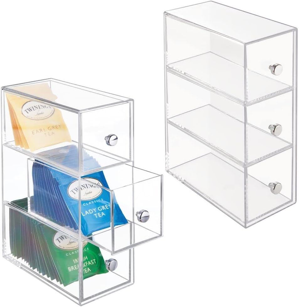 image:imagemDesign Plastic Kitchen Pantry Stackable Storage Organizer Container Station with 3 Drawers for Cabinet Countertop Holds Coffee Tea Sugar Packets Creamers Lumiere Collection ClearClear