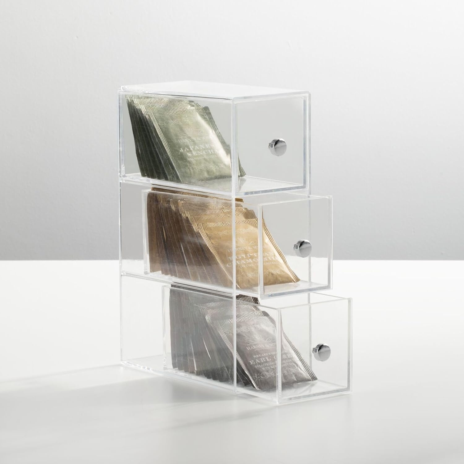 image:imagemDesign Plastic Kitchen Pantry Stackable Storage Organizer Container Station with 3 Drawers for Cabinet Countertop Holds Coffee Tea Sugar Packets Creamers Lumiere Collection ClearClear