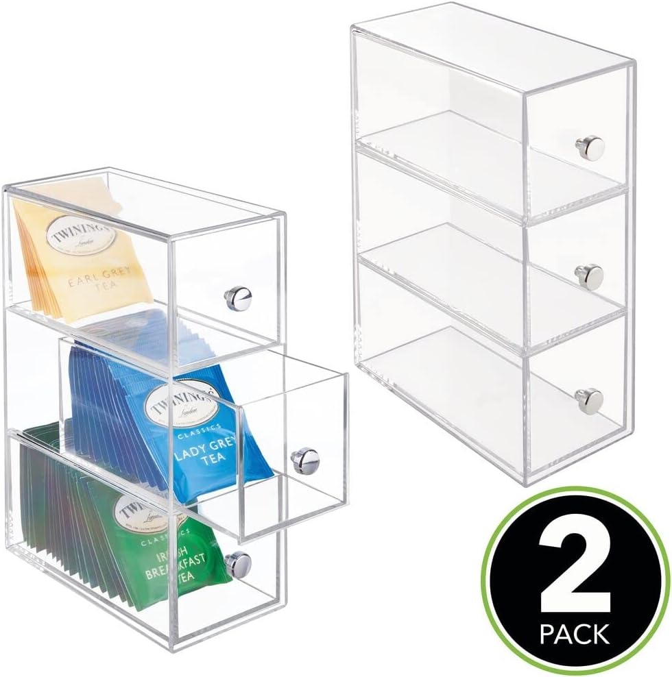 image:imagemDesign Plastic Kitchen Pantry Stackable Storage Organizer Container Station with 3 Drawers for Cabinet Countertop Holds Coffee Tea Sugar Packets Creamers Lumiere Collection ClearClear