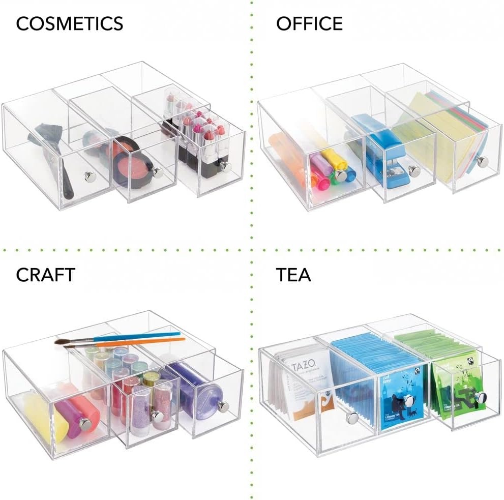 image:imagemDesign Plastic Kitchen Pantry Stackable Storage Organizer Container Station with 3 Drawers for Cabinet Countertop Holds Coffee Tea Sugar Packets Creamers Lumiere Collection ClearClear