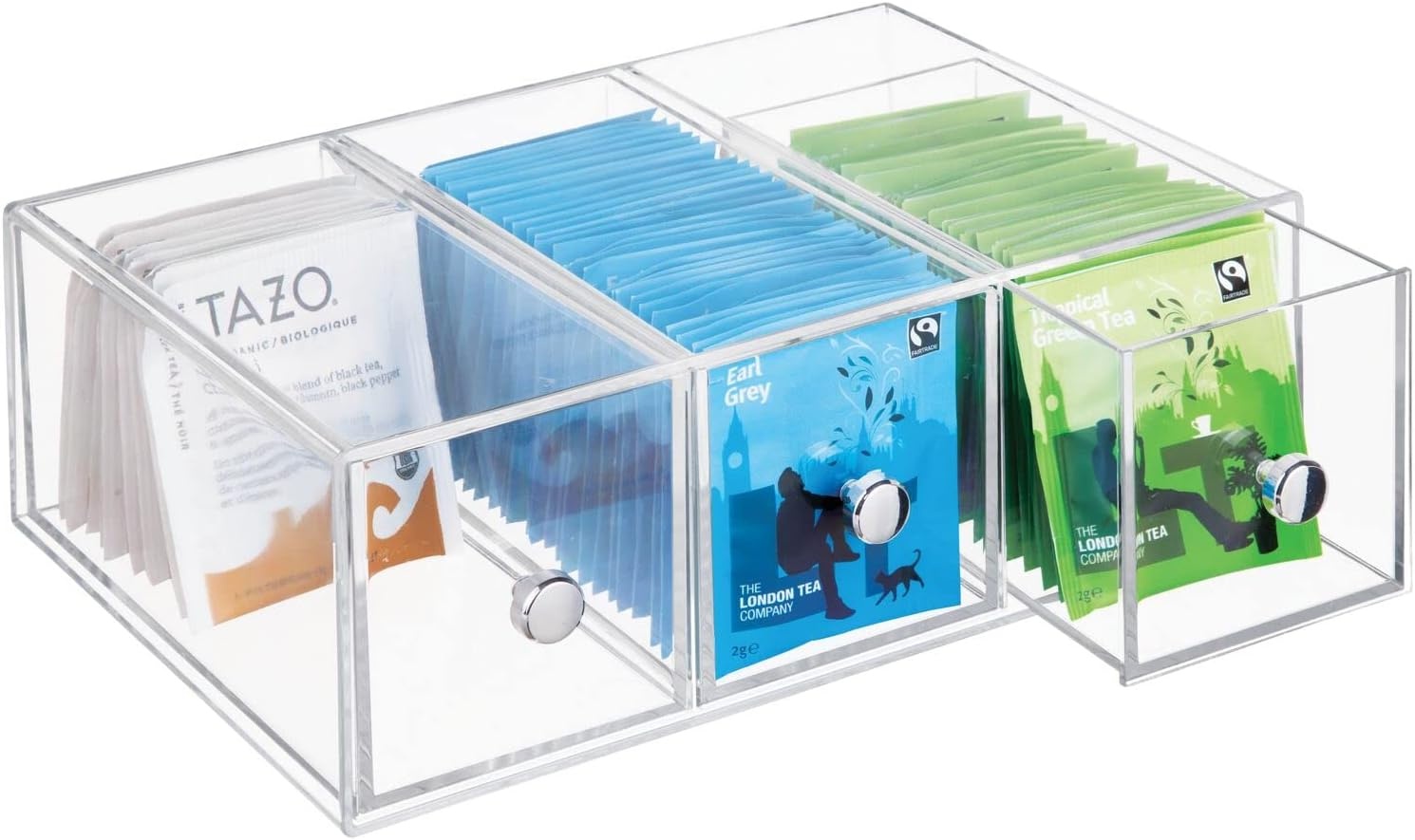 image:imagemDesign Plastic Kitchen Pantry Stackable Storage Organizer Container Station with 3 Drawers for Cabinet Countertop Holds Coffee Tea Sugar Packets Creamers Lumiere Collection ClearClear