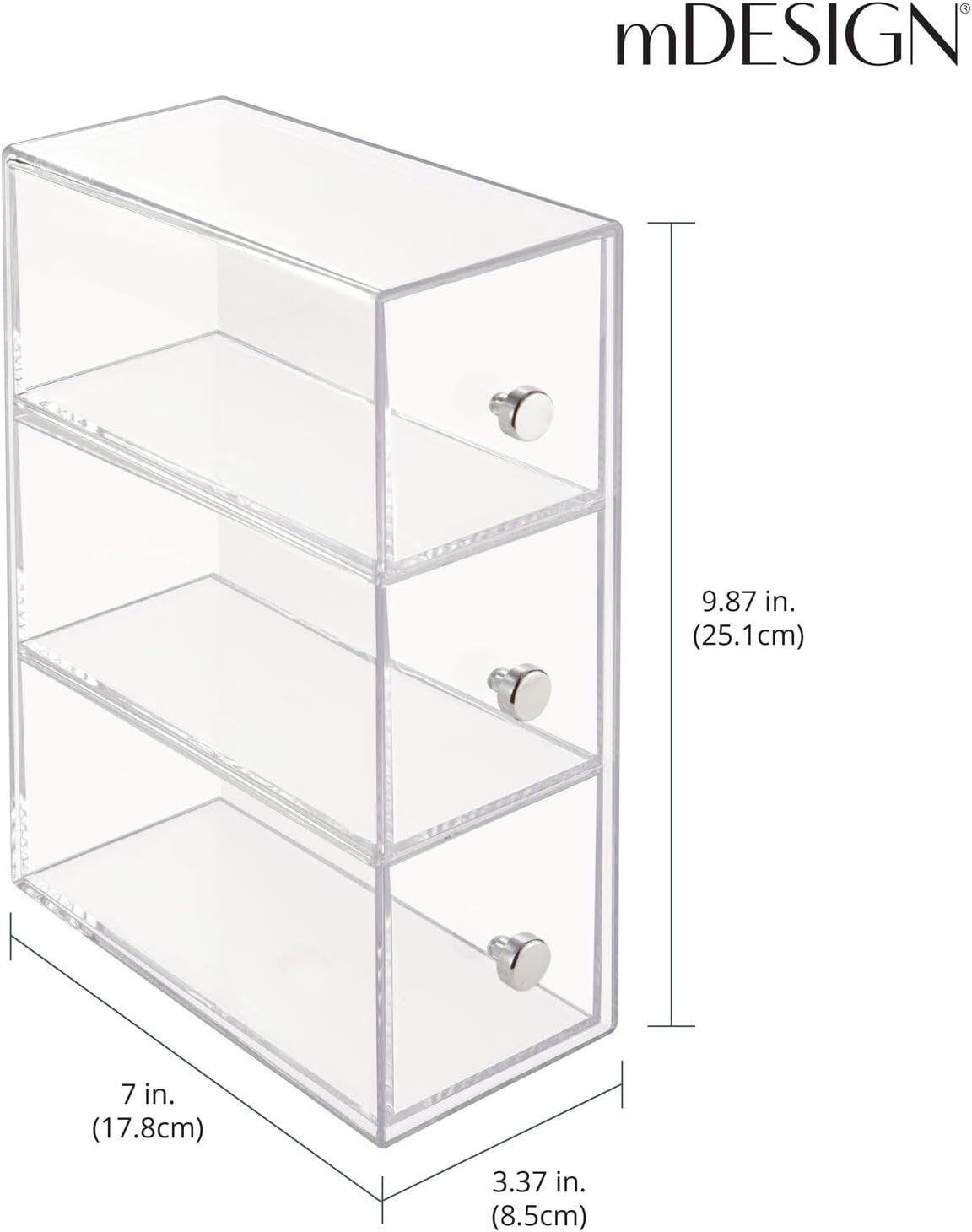 image:imagemDesign Plastic Kitchen Pantry Stackable Storage Organizer Container Station with 3 Drawers for Cabinet Countertop Holds Coffee Tea Sugar Packets Creamers Lumiere Collection ClearClear