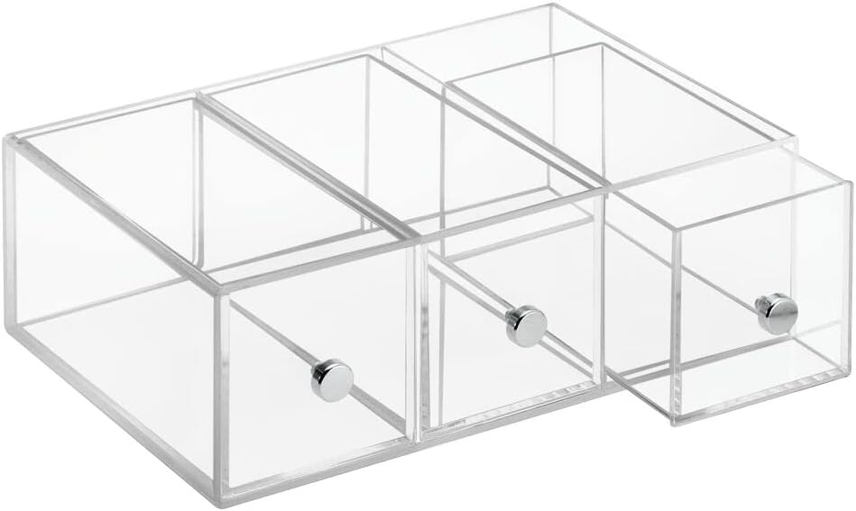 image:imagemDesign Plastic Kitchen Pantry Stackable Storage Organizer Container Station with 3 Drawers for Cabinet Countertop Holds Coffee Tea Sugar Packets Creamers Lumiere Collection ClearClear