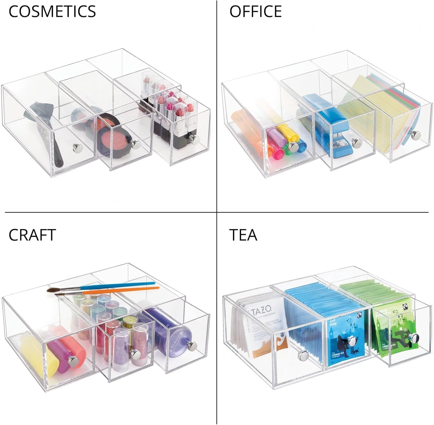 image:imagemDesign Plastic Kitchen Pantry Stackable Storage Organizer Container Station with 3 Drawers for Cabinet Countertop Holds Coffee Tea Sugar Packets Creamers Lumiere Collection ClearClear
