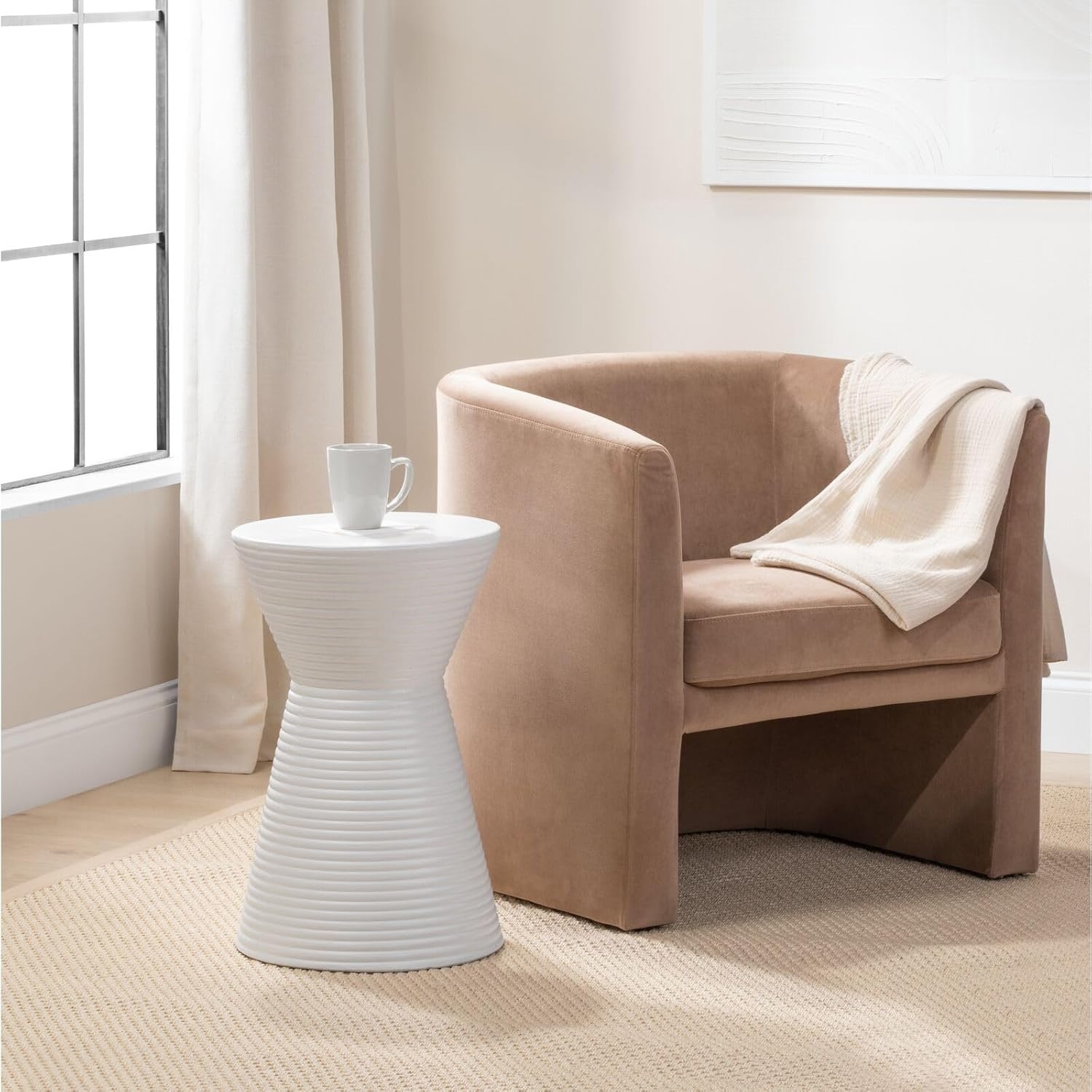 image:imagemDesign Round Hourglass Concrete Side Table Solid Fluted Table for IndoorOutdoor Use Living Room Patio Modern AccentEnd Stone Table Drum End Table for Fans of Minimalist Furniture WhiteWhite
