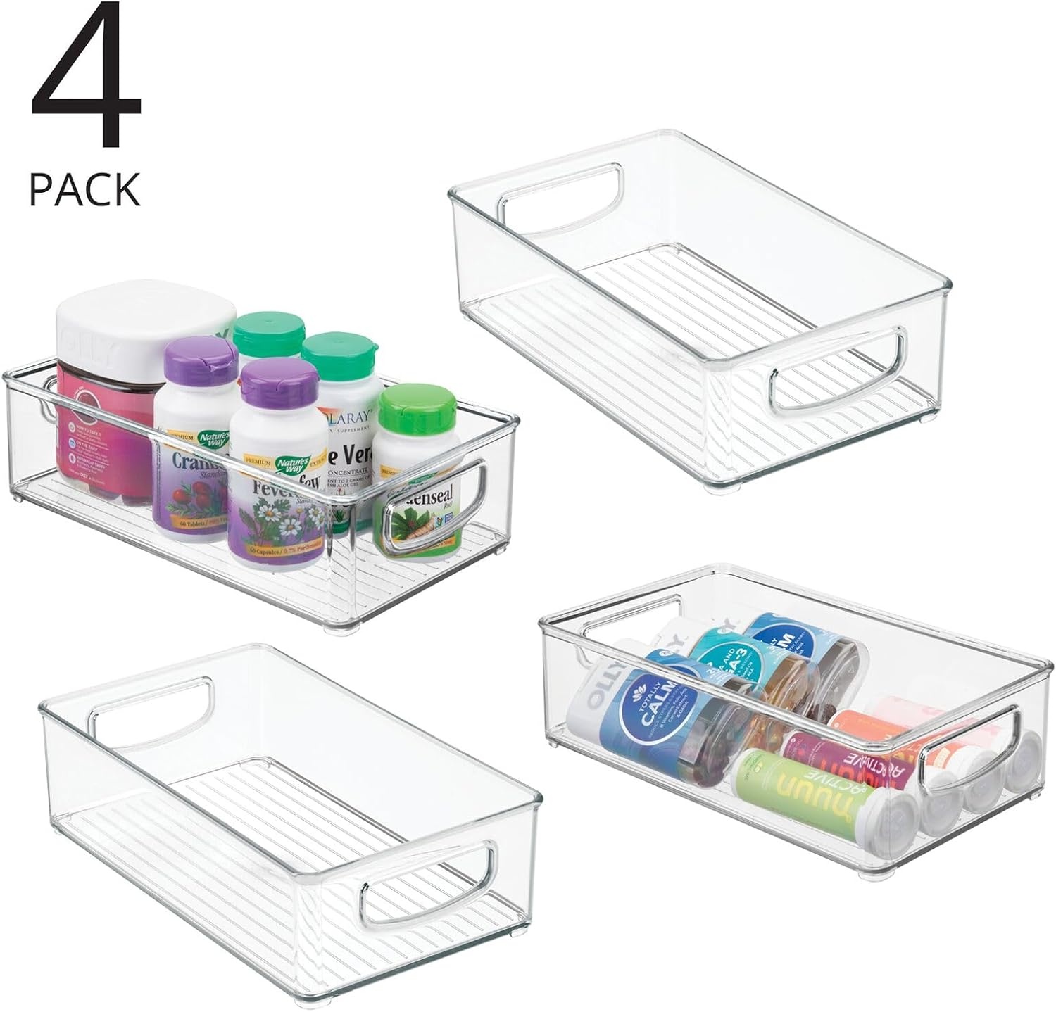 image:imagemDesign Plastic Storage Organizer Shallow Container Bin with Handles for Bathroom Kitchen Cabinet Pantry Home Organization Holds Vitamins Supplements Makeup Ligne Collection 4 Pack Clear