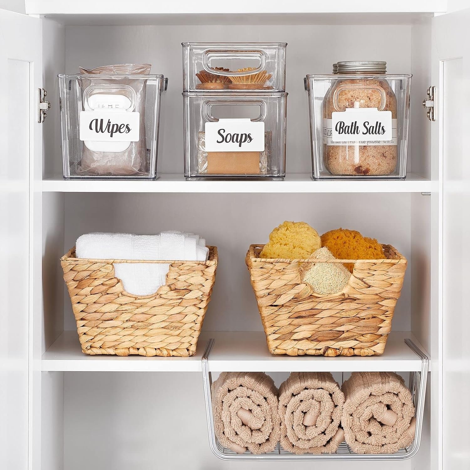 image:imagemDesign Plastic Storage Organizer Shallow Container Bin with Handles for Bathroom Kitchen Cabinet Pantry Home Organization Holds Vitamins Supplements Makeup Ligne Collection 4 Pack Clear