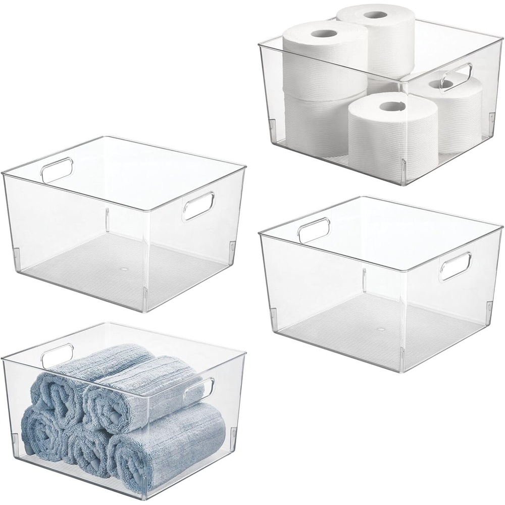 image:imagemDesign Large Modern Stackable Plastic Storage Organizer Bin Basket with Handles for Bathroom Vanity Organization  Shelf Cubby Cabinet or Closet Organizing Decor  Ligne Collection  4 Pack Clear12 x 10 x 8 Pack of 4