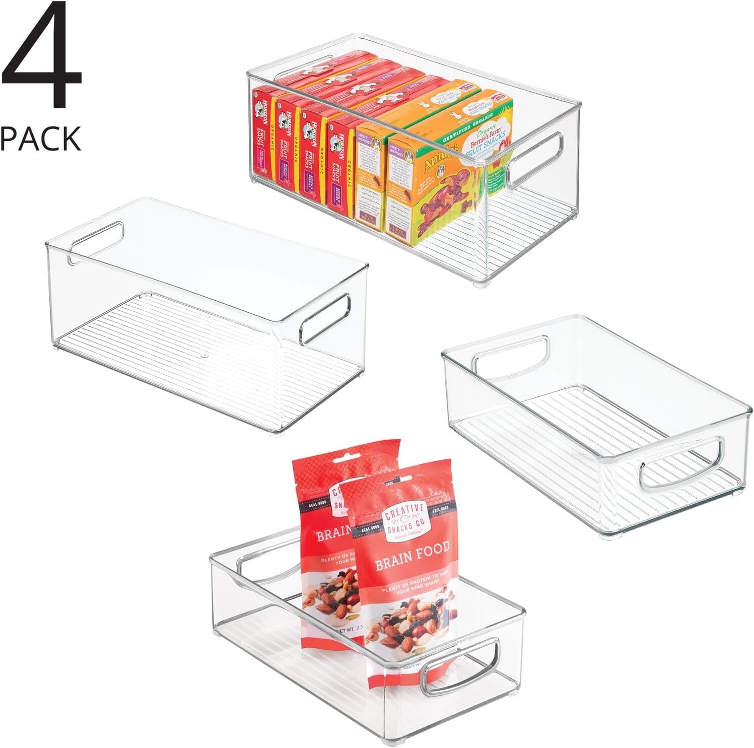 image:imagemDesign Plastic Kitchen Organizer Storage Holder Bin with Handles for Pantry Cupboard Cabinet FridgeFreezer Shelves Counter Holds Canned Food Snacks Ligne Collection 4 Pack Clear145 x 8 x 6