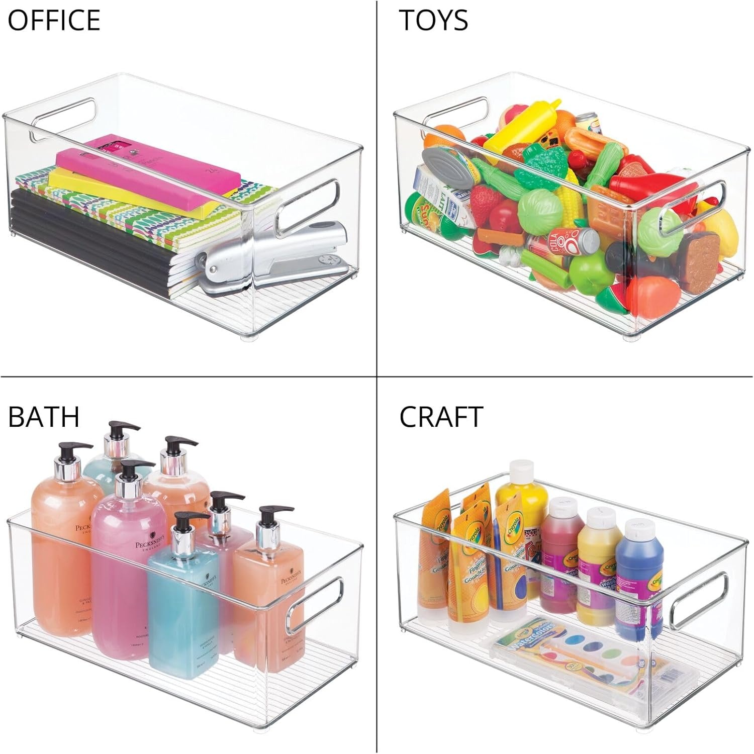 image:imagemDesign Plastic Kitchen Organizer Storage Holder Bin with Handles for Pantry Cupboard Cabinet FridgeFreezer Shelves Counter Holds Canned Food Snacks Ligne Collection 4 Pack Clear145 x 8 x 6