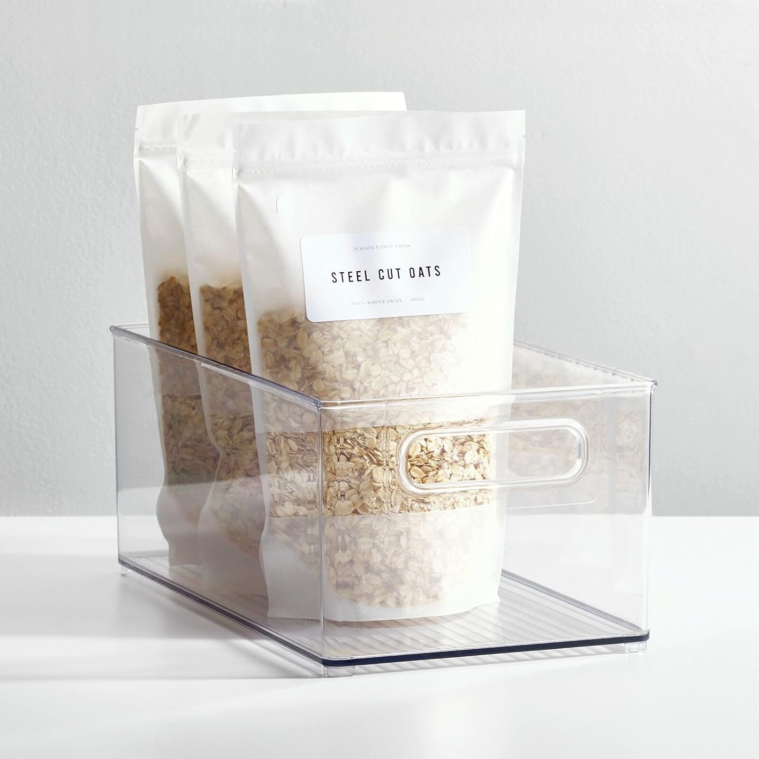 image:imagemDesign Plastic Kitchen Organizer Storage Holder Bin with Handles for Pantry Cupboard Cabinet FridgeFreezer Shelves Counter Holds Canned Food Snacks Ligne Collection 4 Pack Clear145 x 8 x 6