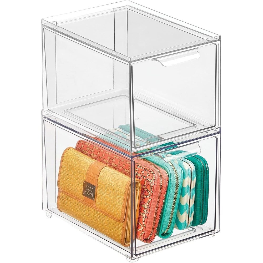 image:imagemDesign Stackable Storage Containers Box with 2 PullOut Drawers  Stacking Plastic Drawer Bins for Closet Organization Linen Coat Bedroom or Entryway Closets  Lumiere Collection  4 Pack Clear8 x 6 x 6 Pack of 2