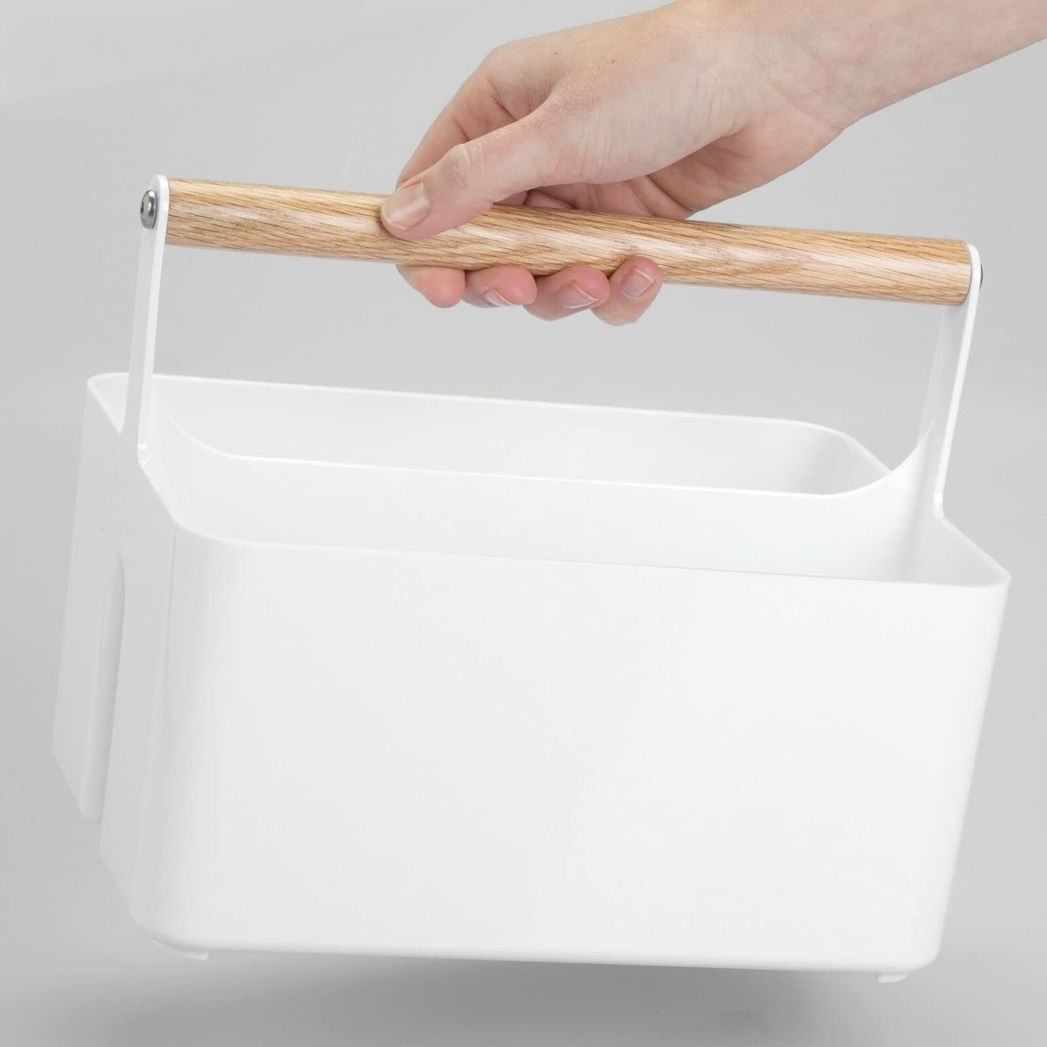 image:imagemDesign Plastic Portable Shower Caddy Divided Basket Bin Storage Organizer with Bamboo Handle for Bathroom Dorm Shelf amp Cabinet Holds Shampoo Conditioner Aura Collection WhiteNaturalWhiteNatural