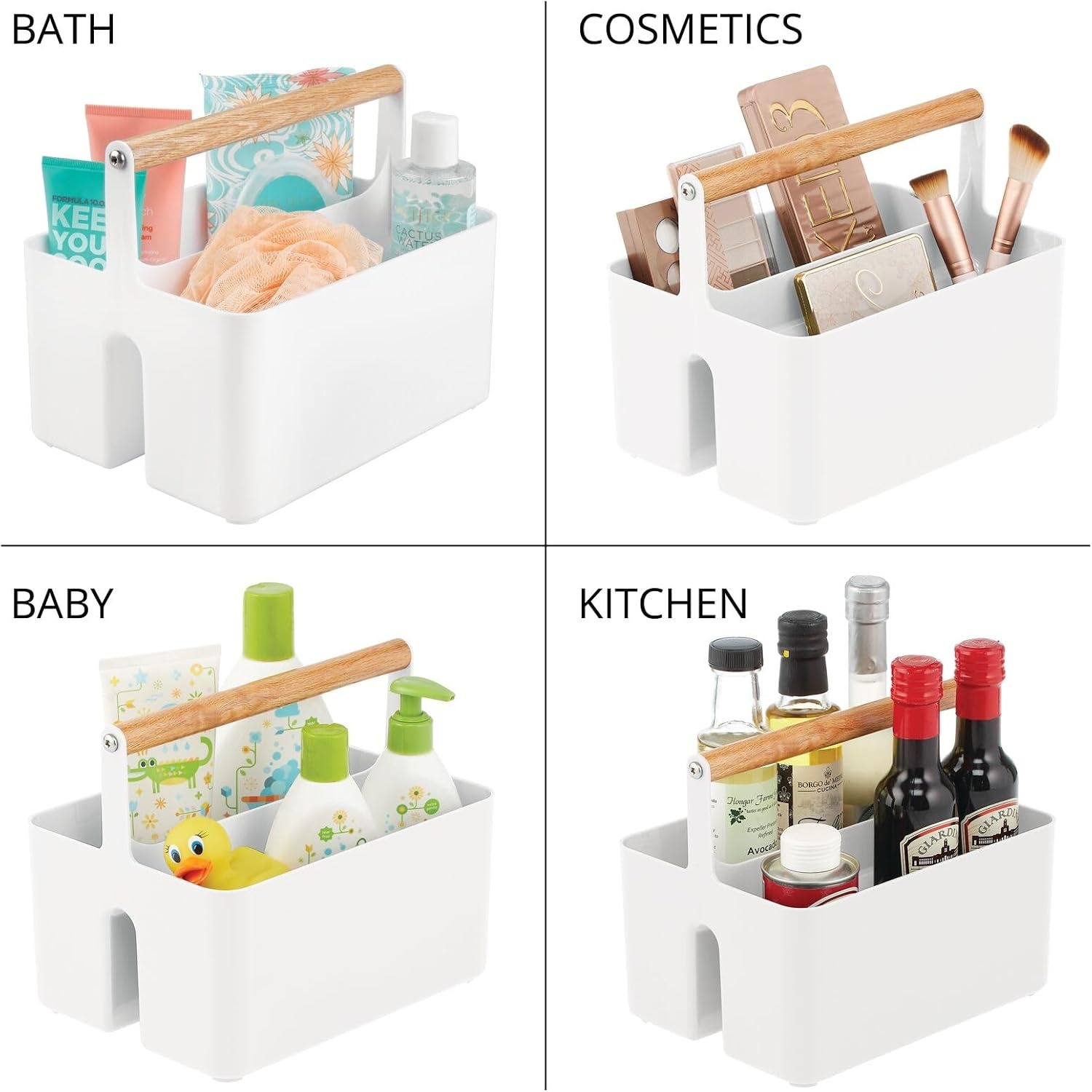 image:imagemDesign Plastic Portable Shower Caddy Divided Basket Bin Storage Organizer with Bamboo Handle for Bathroom Dorm Shelf amp Cabinet Holds Shampoo Conditioner Aura Collection WhiteNaturalWhiteNatural