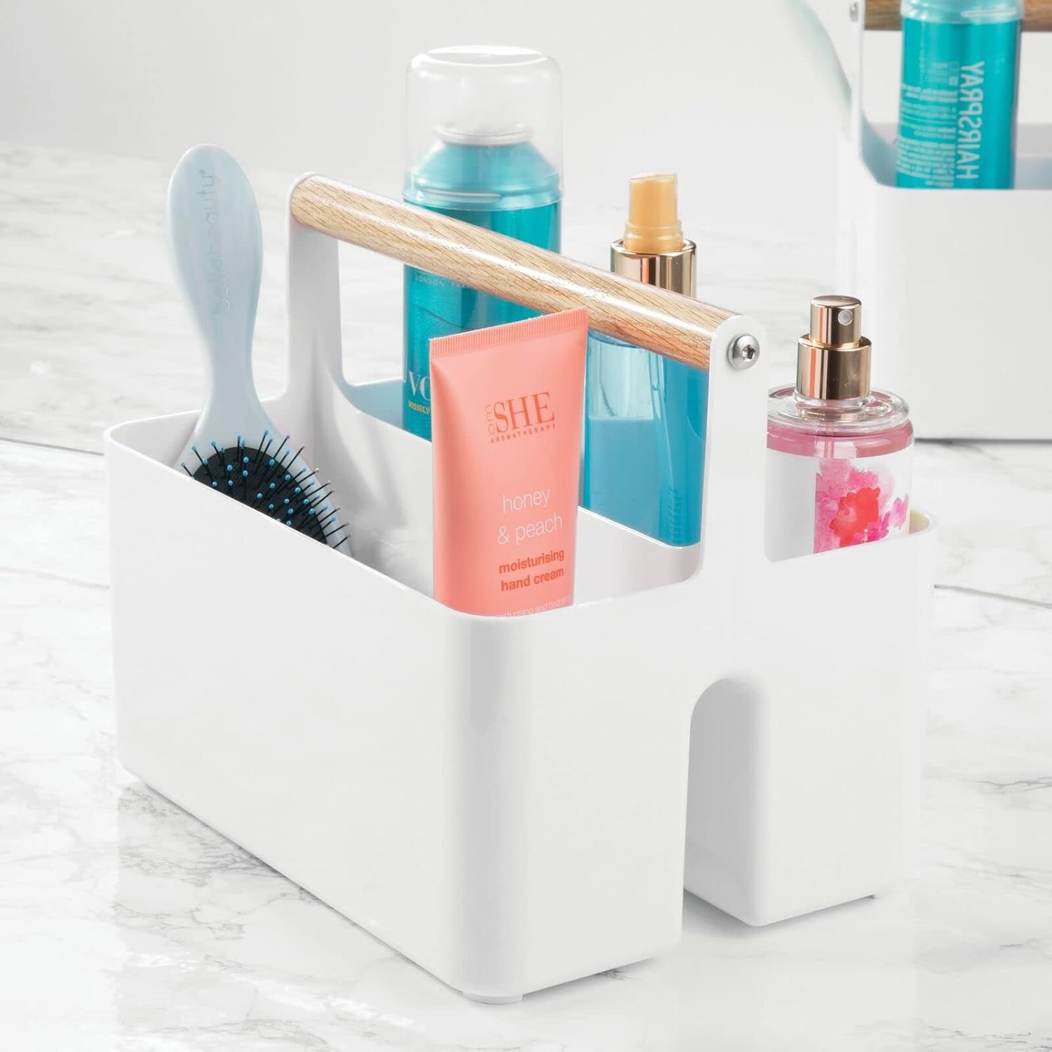 image:imagemDesign Plastic Portable Shower Caddy Divided Basket Bin Storage Organizer with Bamboo Handle for Bathroom Dorm Shelf amp Cabinet Holds Shampoo Conditioner Aura Collection WhiteNaturalWhiteNatural