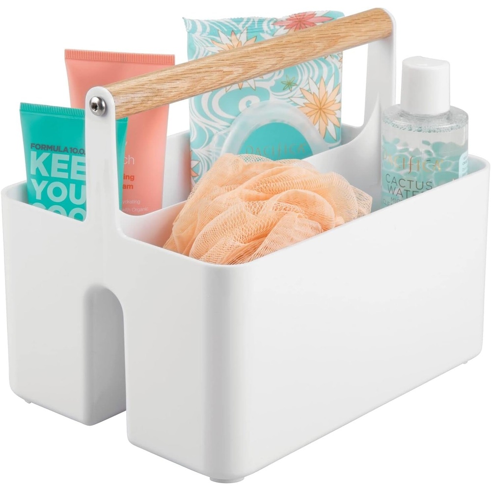 image:imagemDesign Plastic Portable Shower Caddy Divided Basket Bin Storage Organizer with Bamboo Handle for Bathroom Dorm Shelf amp Cabinet Holds Shampoo Conditioner Aura Collection WhiteNaturalWhiteNatural