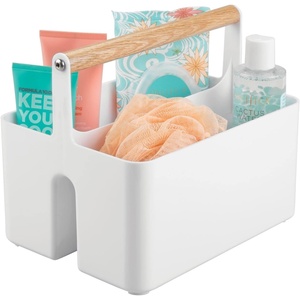 mDesign Plastic Portable Shower Caddy Divided Basket Bin Storage Organizer with Bamboo Handle for Bathroom, Dorm, Shelf & Cabinet Holds Shampoo, Conditioner – Aura Collection, White/Natural(White/Natural)