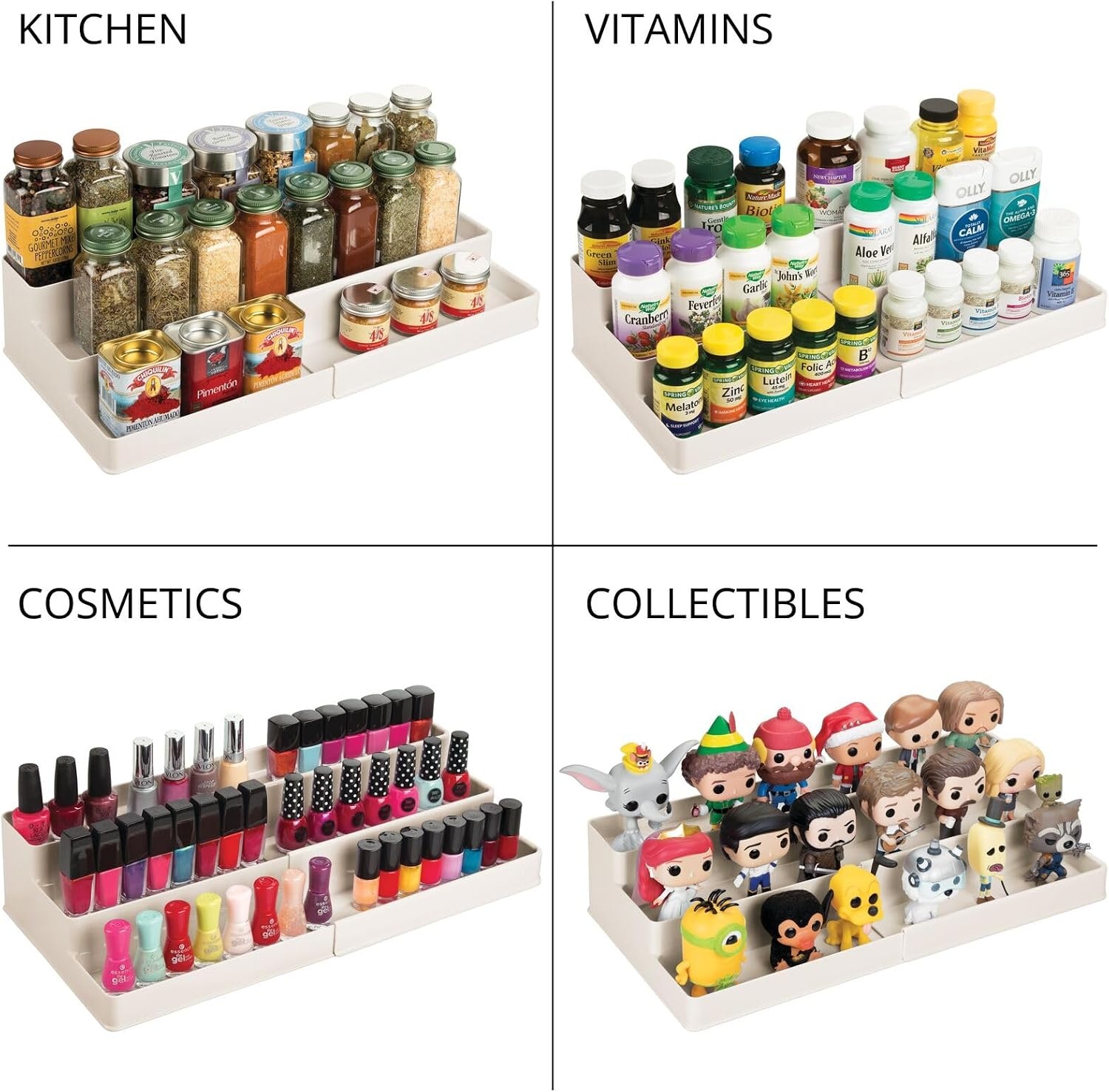 image:imagemDesign Plastic Expandable 3Tier Shelf Rack Organizer Storage for Bathroom Vanity Cabinet Cupboard Drawer Holds Medicine Vitamins Supplements Cosmetics Ligne Collection WhiteCream