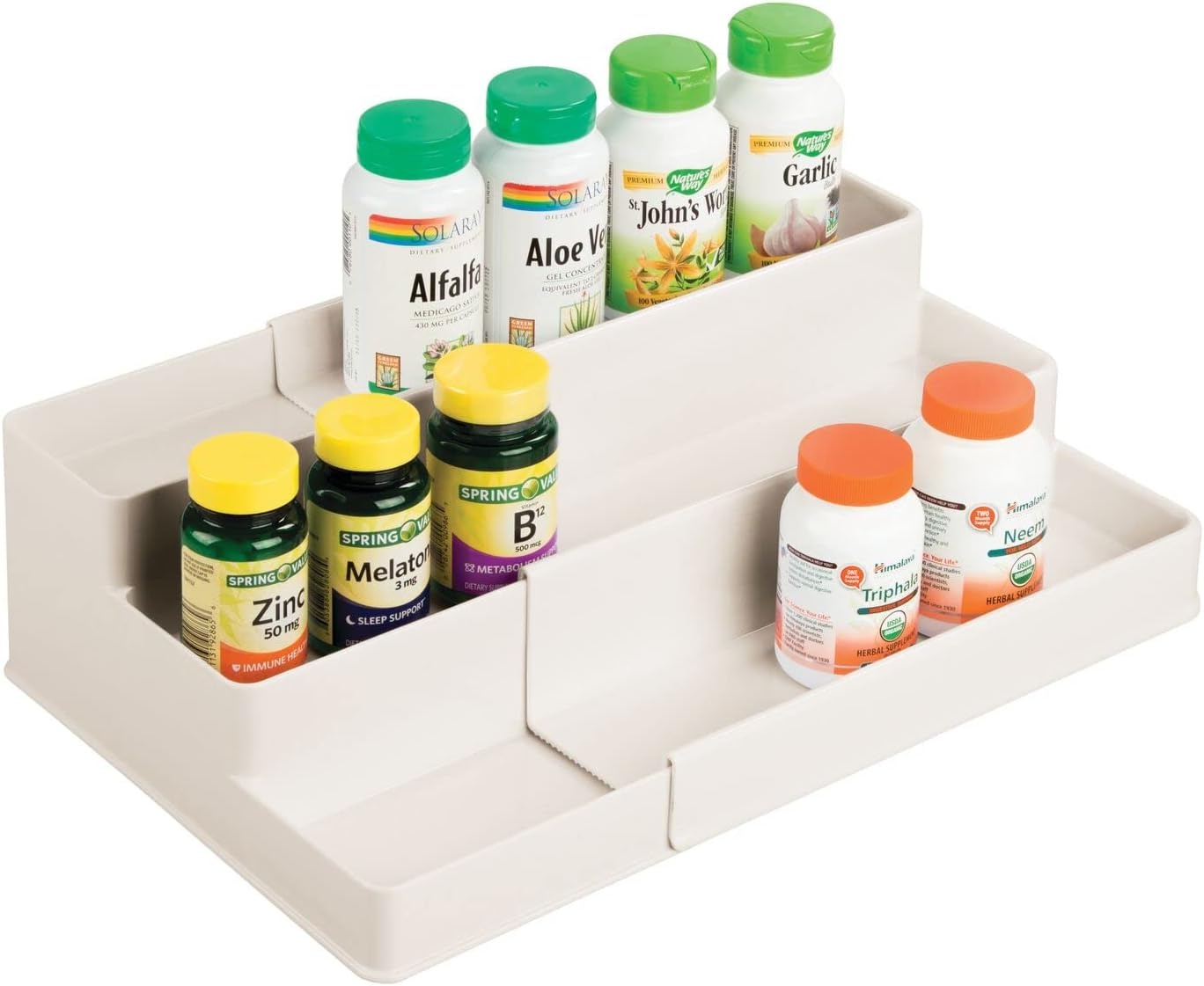 image:imagemDesign Plastic Expandable 3Tier Shelf Rack Organizer Storage for Bathroom Vanity Cabinet Cupboard Drawer Holds Medicine Vitamins Supplements Cosmetics Ligne Collection WhiteCream