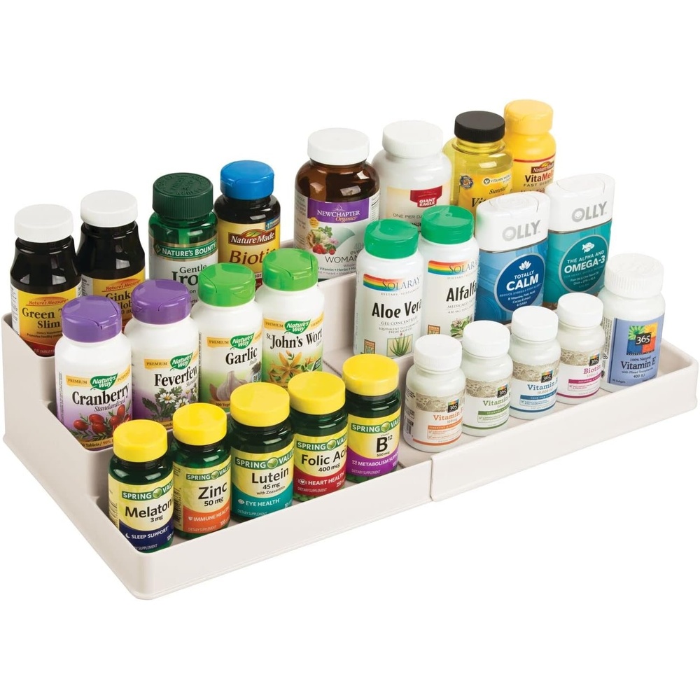 image:imagemDesign Plastic Expandable 3Tier Shelf Rack Organizer Storage for Bathroom Vanity Cabinet Cupboard Drawer Holds Medicine Vitamins Supplements Cosmetics Ligne Collection WhiteCream