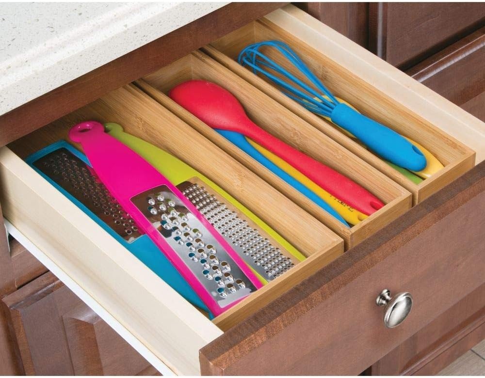 image:imagemDesign Pack of 2 Functional Drawer Organiser Elegant Bamboo Kitchen Drawer Divider for Cutlery Silverware Utensils Convenient Drawer Separator Light Brown7 6 cm x 30 5 cm x 5 1 cm