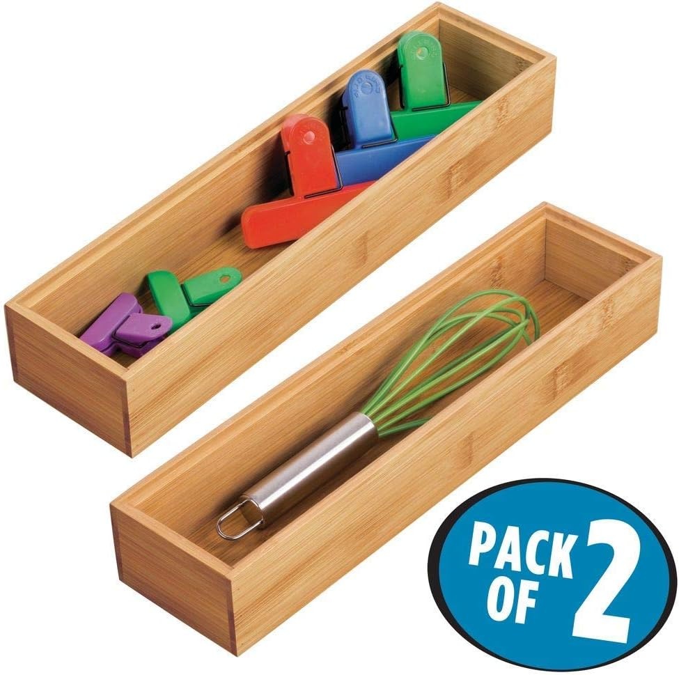 image:imagemDesign Pack of 2 Functional Drawer Organiser Elegant Bamboo Kitchen Drawer Divider for Cutlery Silverware Utensils Convenient Drawer Separator Light Brown7 6 cm x 30 5 cm x 5 1 cm