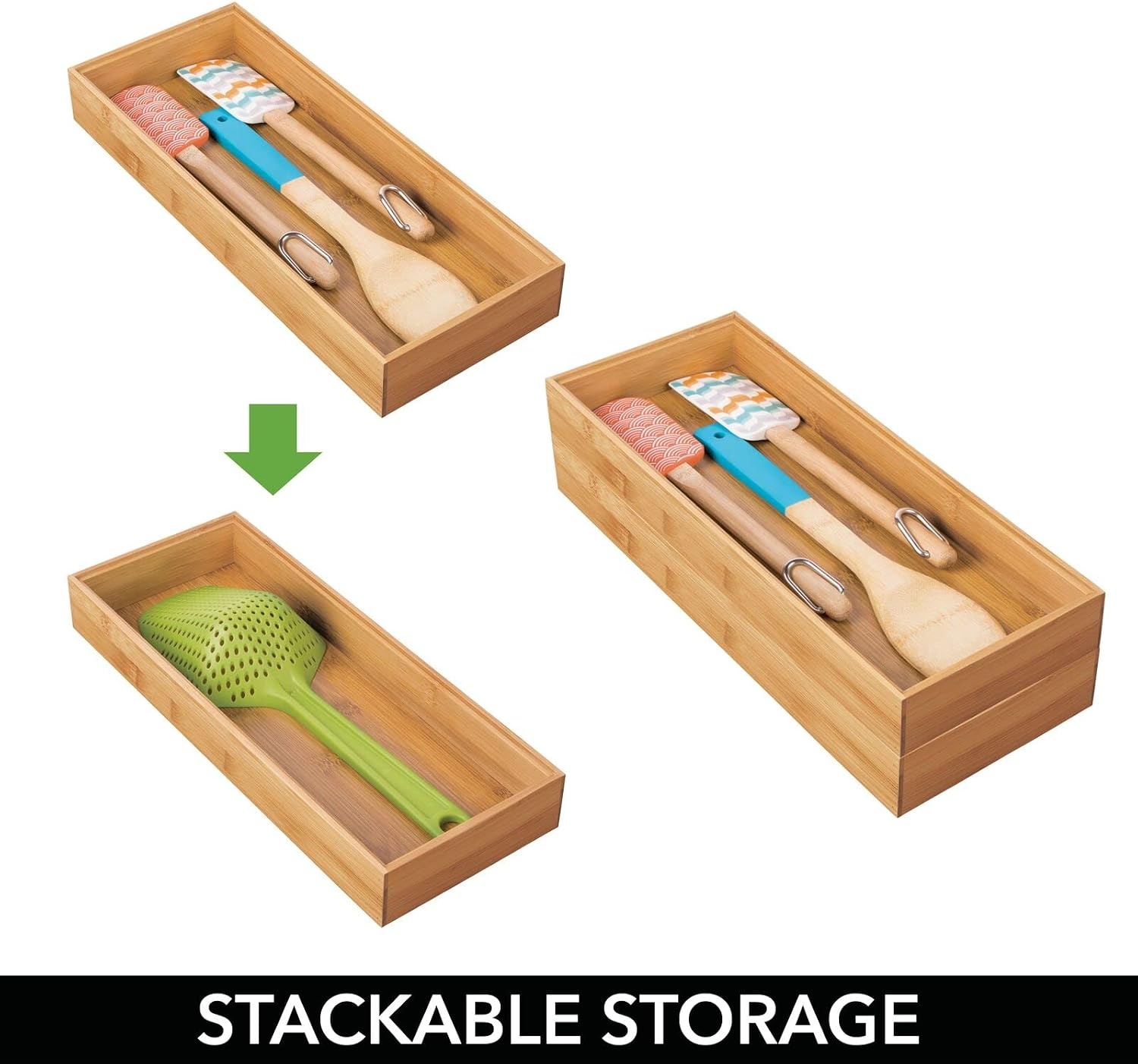image:imagemDesign Wooden Bamboo Drawer Organizer 15 Long Stackable Storage Box Tray for Kitchen DrawersCabinet Utensil Silverware Spatula and Flatware Holder Echo Collection 2 Pack Natural Wood