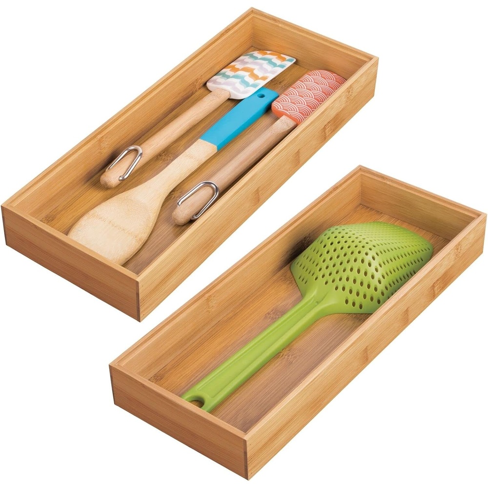image:imagemDesign Wooden Bamboo Drawer Organizer 15 Long Stackable Storage Box Tray for Kitchen DrawersCabinet Utensil Silverware Spatula and Flatware Holder Echo Collection 2 Pack Natural Wood