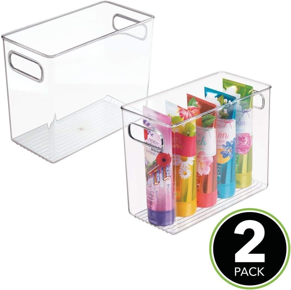 image:imagemDesign Slim Plastic Storage Container Bin with Handles Bathroom Cabinet Organizer for Toiletries Makeup Shampoo Conditioner Face Scrubbers Loofahs Bath Salts 5 Wide 2 Pack Clear10 x 5 x 8 Pack of 2