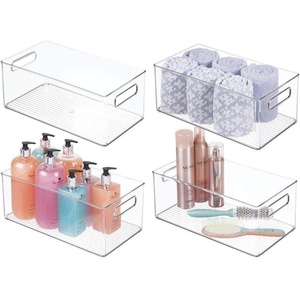 mDesign Plastic Bathroom Storage Container Bins w/ Handles – Closet, Cabinet, Vanity, Cupboard Shelf Organization, Hair Tools Accessory Organizer – Ligne Collection; Clear, 10x6x3 (Pack of 1)(14.6 x 8.1 x 6 (Pack of 4))