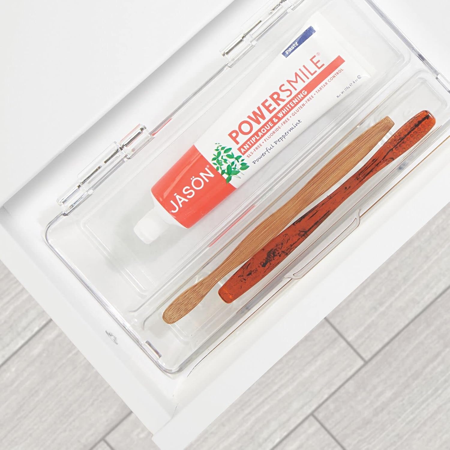 image:imagemDesign Plastic Toothbrush Holder Storage Organizer Bin for Bathroom Vanity Cabinet Closet Drawer Holds Electric Toothbrush Toothpaste Dental Floss Teeth Whitening Strips Hinged Lid Clear