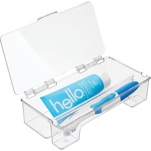 mDesign Plastic Toothbrush Holder, Storage Organizer Bin for Bathroom Vanity, Cabinet, Closet, Drawer – Holds Electric Toothbrush, Toothpaste, Dental Floss, Teeth Whitening Strips – Hinged Lid – Clear