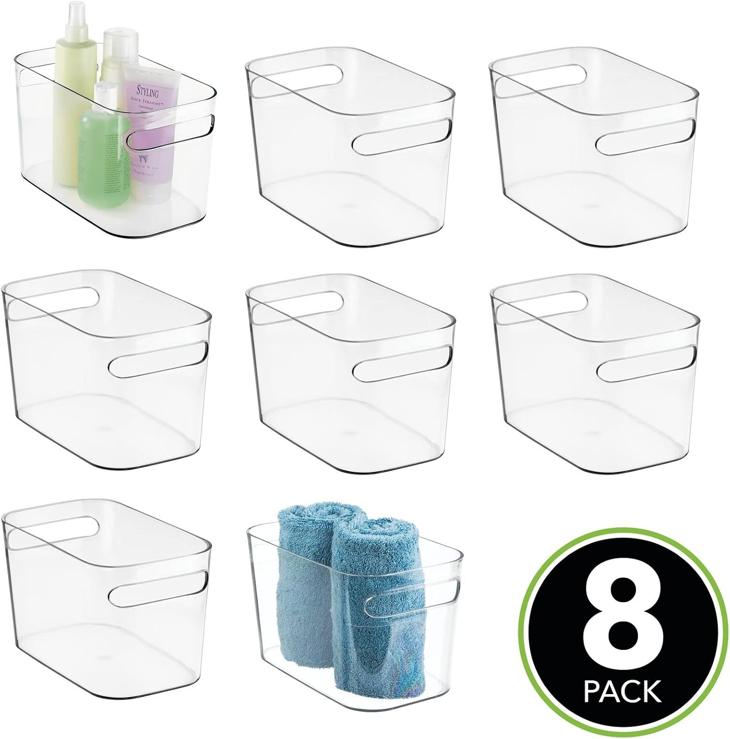 image:imagemDesign Deep Plastic Bathroom Bin with Handles Storage Organizer for Vanity Countertop Hold Soap Body Wash Shampoo Lotion Conditioner Hand Towels 10 Long Aura Collection 8 Pack Clear