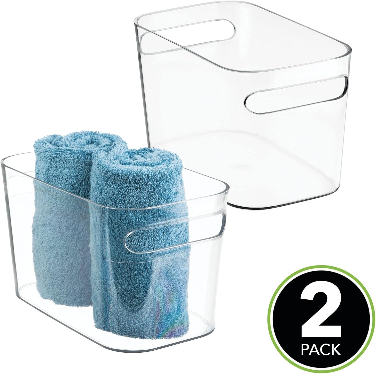 image:imagemDesign Deep Plastic Bathroom Bin with Handles Storage Organizer for Vanity Countertop Hold Soap Body Wash Shampoo Lotion Conditioner Hand Towels 10 Long Aura Collection 2 Pack Clear