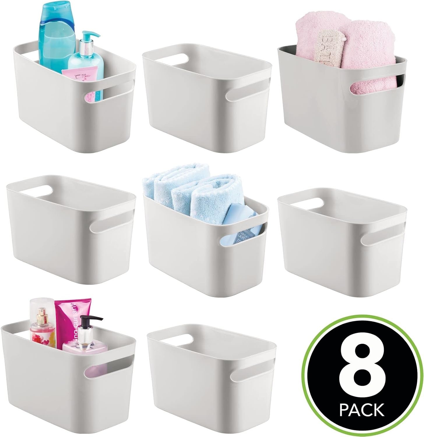 image:imagemDesign Deep Plastic Bathroom Bin with Handles Storage Organizer for Vanity Countertop Hold Soap Body Wash Shampoo Lotion Conditioner Hand Towels 10 Long Aura Collection 8 Pack Light Gray