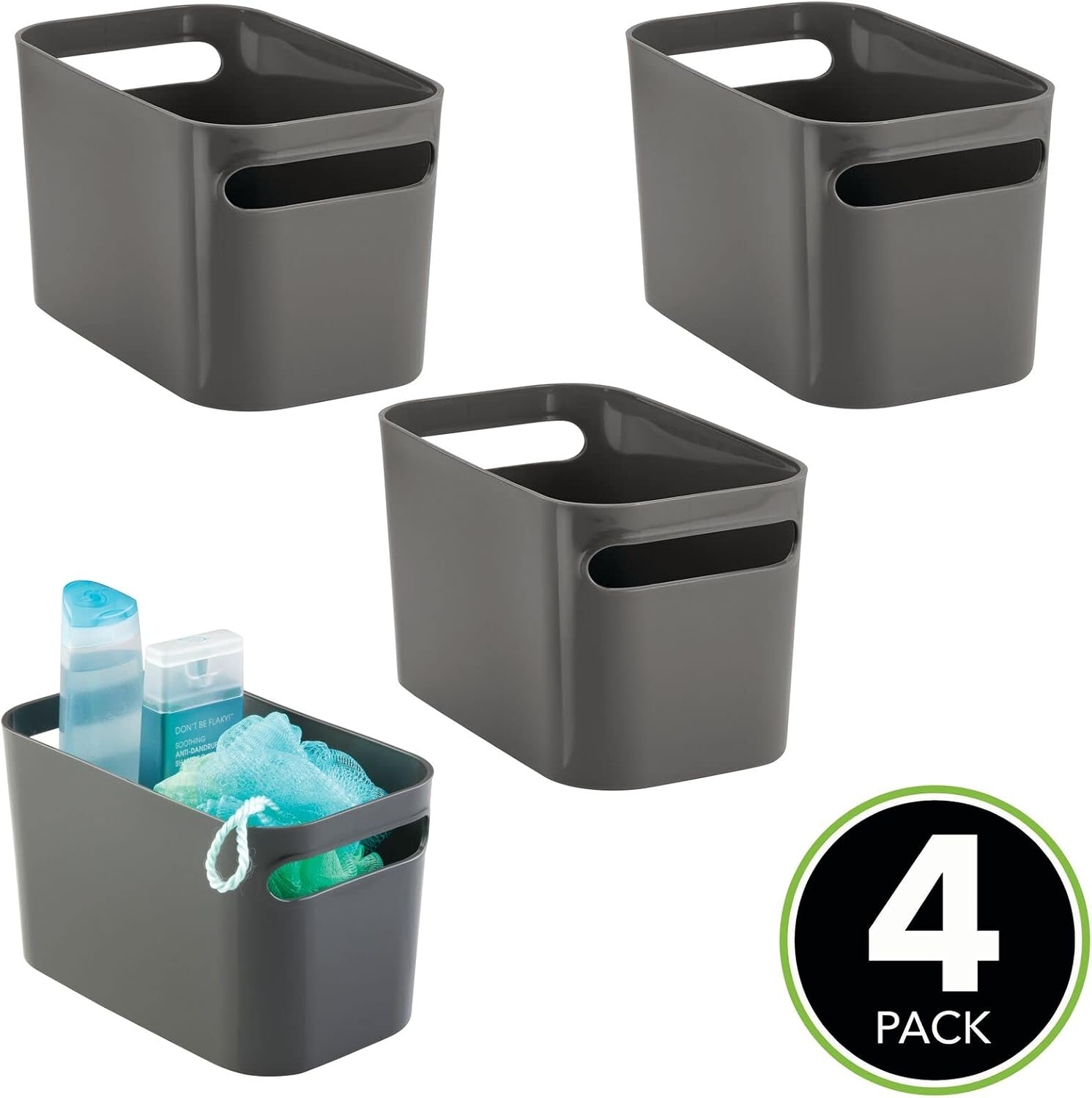 image:imagemDesign Deep Plastic Bathroom Vanity Storage Bin with Handles Organizer for Hand Soap Body Wash Shampoo Lotion 4 Pack Charcoal Gray