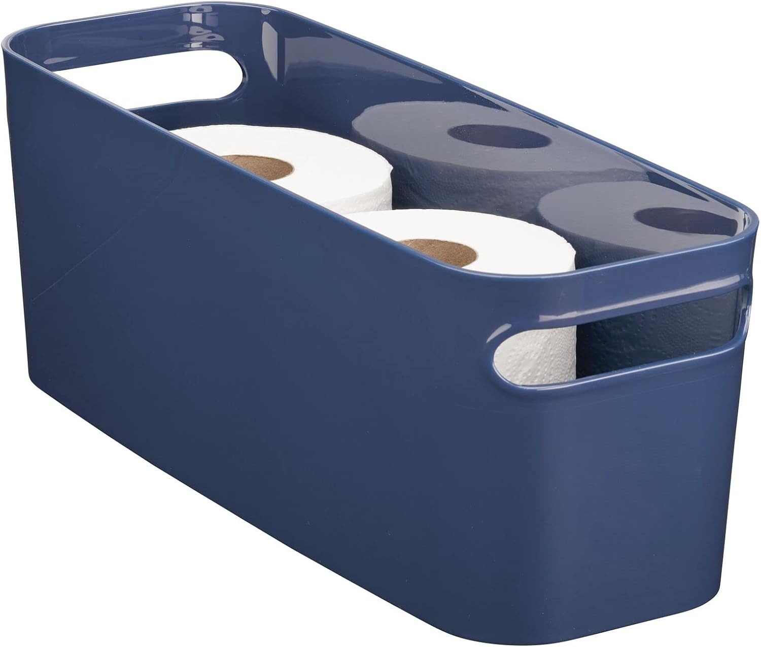 image:imagemDesign Large Plastic Storage Bin with Handles for Bathroom Cupboard Cabinet Under Sink or Counter Holds Toilet Paper Hair Tools Makeup Accessories 16 Long Aura Collection 8 Pack Navy Blue