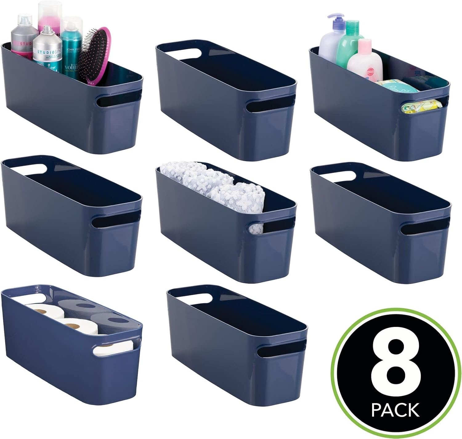 image:imagemDesign Large Plastic Storage Bin with Handles for Bathroom Cupboard Cabinet Under Sink or Counter Holds Toilet Paper Hair Tools Makeup Accessories 16 Long Aura Collection 8 Pack Navy Blue