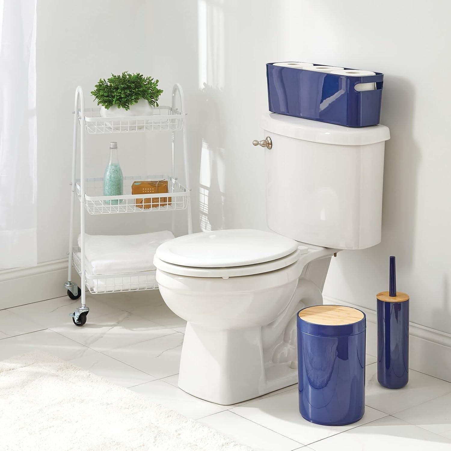 image:imagemDesign Large Plastic Storage Bin with Handles for Bathroom Cupboard Cabinet Under Sink or Counter Holds Toilet Paper Hair Tools Makeup Accessories 16 Long Aura Collection 8 Pack Navy Blue
