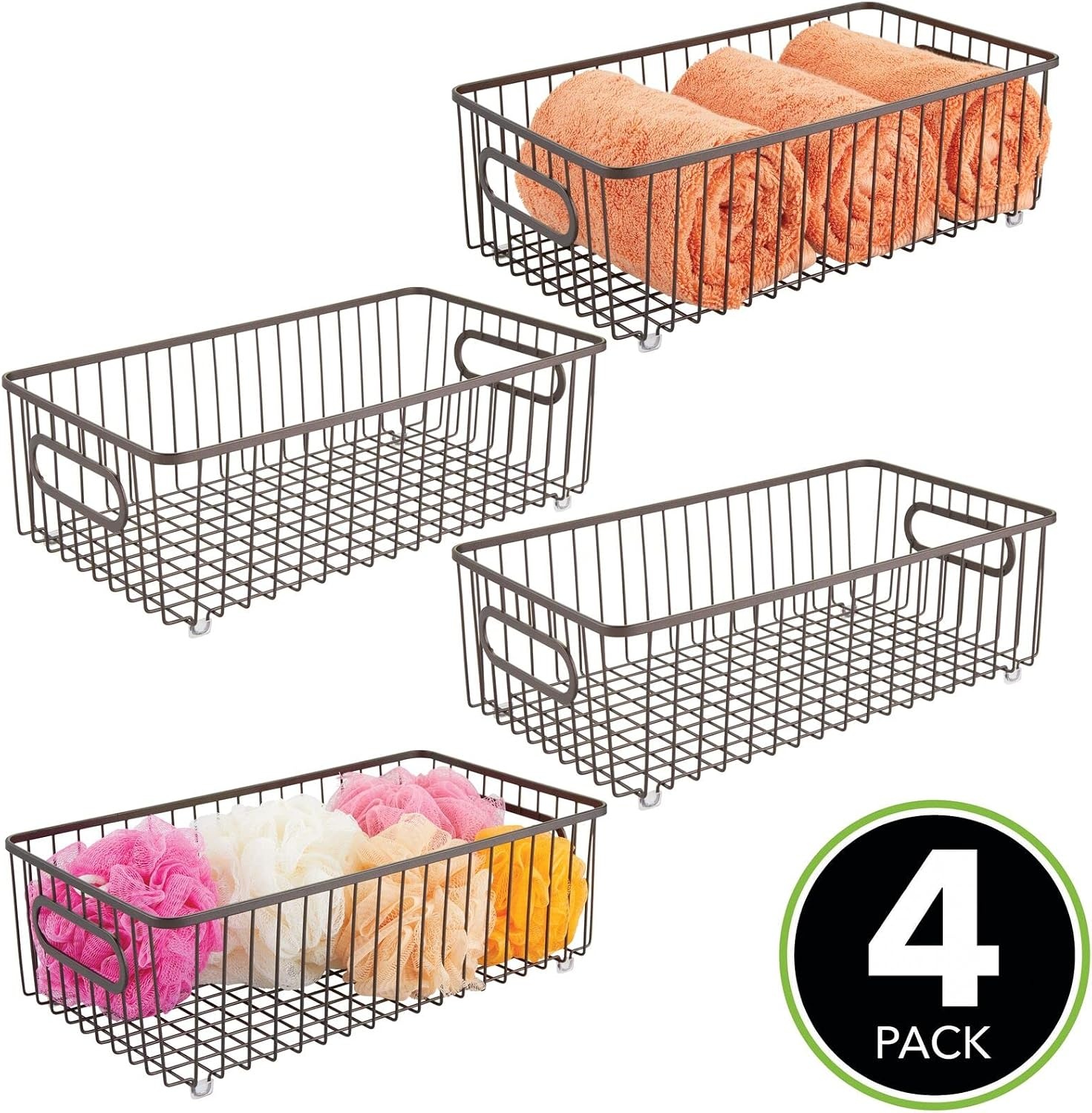image:imagemDesign Metal Bathroom Storage Organizer Basket Bin Farmhouse Wire Grid Design for Cabinets Shelves Closets Vanity Countertops Bedrooms Under Sinks Large 4 Pack Bronze