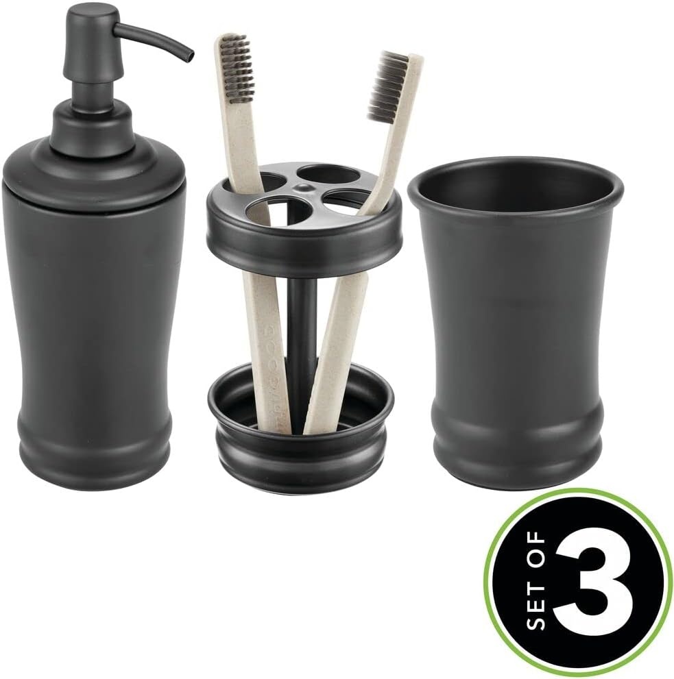 image:imagemDesign Metal Bathroom Vanity Countertop Accessory Set Includes Refillable Soap Dispenser Divided Toothbrush Stand Tumbler Rinsing Cup Vivi Collection Set of 3 Matte Black