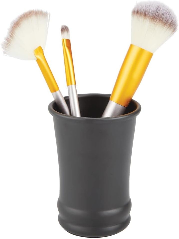image:imagemDesign Metal Bathroom Vanity Countertop Accessory Set Includes Refillable Soap Dispenser Divided Toothbrush Stand Tumbler Rinsing Cup Vivi Collection Set of 3 Matte Black